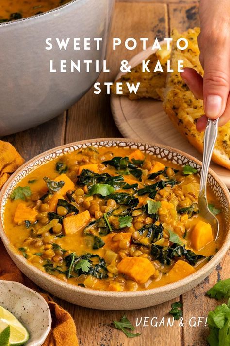 Vegan Lentil Potato Soup, Sweet Potato Kale Soup Slow Cooker, Sweet Potato Stew Vegan, Vegetarian Sweet Potatoes Recipes, Butternut Squash Lentil Stew, Lentil Potato Stew, Green Lentil Sweet Potato Soup, Sweet Potato And Kale Soup, Ginger Sweet Potato Coconut Milk Stew