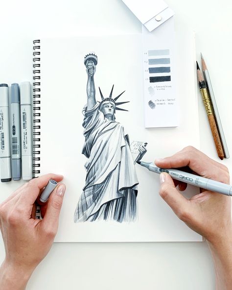 Speed drawing video with the process of drawing the Statue of Liberty with Copic markers and colored pencils. Check it out! Realistic Marker Drawing, Markers Drawing Ideas Architecture, Sketches With Markers, Grayscale Marker Art, Marker Drawing Tutorial, Copic Marker Art Ideas, Art Markers Drawing Ideas, Alcohol Marker Architecture Sketches, Cool Marker Drawings