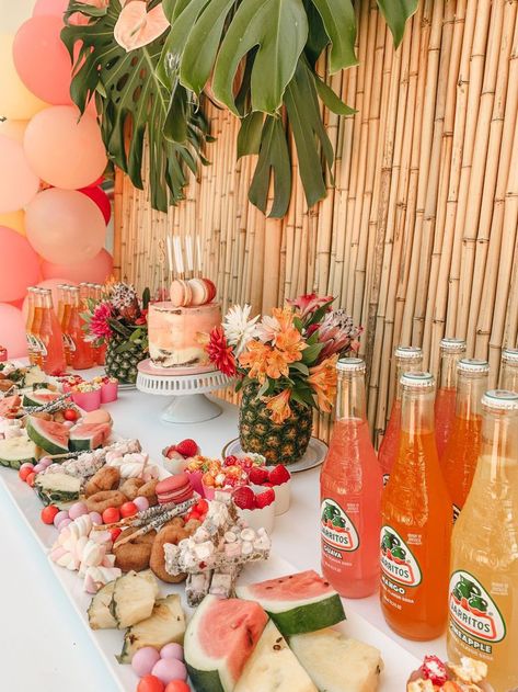 Pina Colada Theme Party, Tiki Inspired Patio, Tropical Party Dessert Table, A Luau Party Ideas, Tropical Theme 1st Birthday Party, Epic Pool Party Ideas, Tropical Island Theme Party Decor, Luau Bday Party Ideas, Aloha 30th Birthday Party Ideas