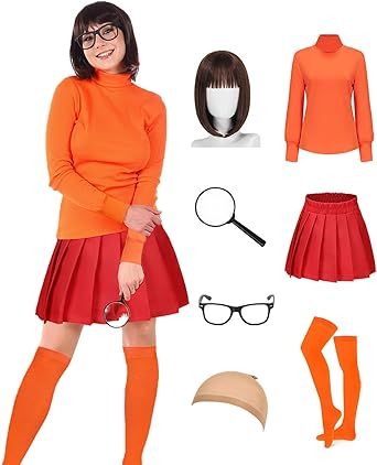 Velma Outfit, Costumes With Glasses, Halloween Costumes Glasses, Velma Costume, Adult Women Halloween Costumes, Daphne Costume, Halloween Costume Outfits, Easy Costumes, Red Skirt