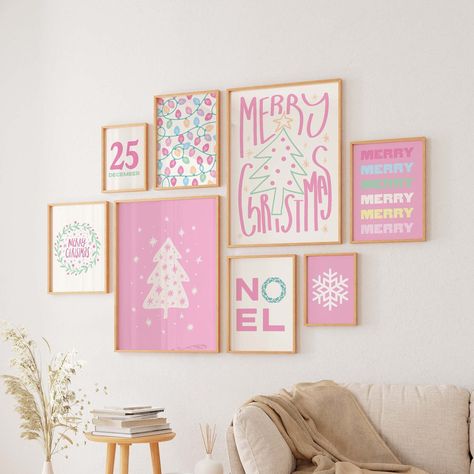 Christmas Pastel Colors, White Tree Pink Decorations, Pink Christmas Bedroom Decor, Pink Christmas Room Decor, Pink Christmas Bedroom, Wall Digital Art, Christmas Gallery Wall, Pastel Christmas Decor, Pink Christmas Decor