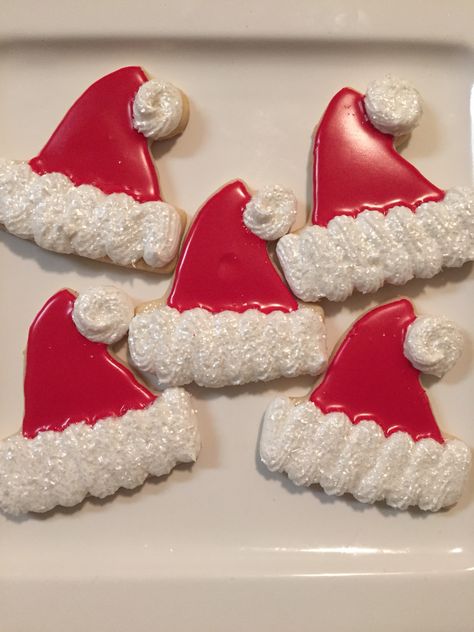 Santa Hat Sugar Cookies, Christmas Hat Cookies, Santa Hat Cookies Decorated, Santa Sugar Cookies Decorated, Hat Cookies Decorated, Santa Hat Cookies, Santa Sugar Cookies, Favorite Christmas Desserts, Christmas Cutout Cookies