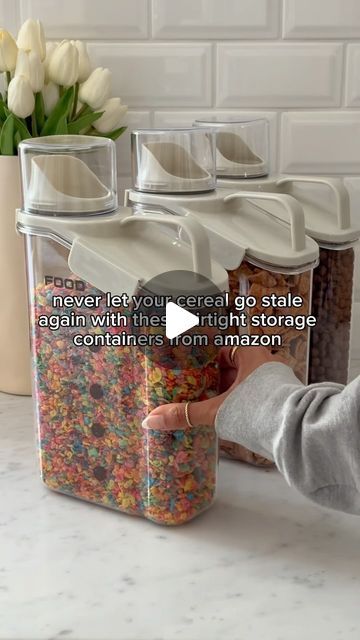 Jen Adams on Instagram: "Tap link in bio to shop! Amazon cereal dispenser perfect for storing your cereal!!🤩Follow me @interiordesignerella for links as Meta is rolling out a new feature where we will all only get DMs from those we follow❤️ So for those who follow & comment “CEREAL” check your DM as you will automatically get links sent to you! But no pressure to follow!🤗❤️ If you prefer not to follow or if they don’t send (IG can have a lot of glitches!🙈) you can always tap the link in my bio to shop!🥰 Restock all your favorite cereals and keep them organized with these amazing cereal dispensers!!! I love how functional they are, and the lid doubles as a measuring cup too!!! They store beautifully in your pantry and make it easy for everyone to identify their favorite cereal!!! Happy Cereal Container Ideas, Kitchen Amazon Finds, Cereal Organization, Cereal Storage, Cereal Containers, Cereal Dispenser, Amazon Buy, Measuring Cup, Have A Beautiful Day