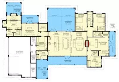 3 or 4 Bed New American Ranch House Plan with Flex Guest Suite - 2933 Sq Ft - 330023WLE | Architectural Designs - House Plans American Ranch House, Laundry Mudroom, Ranch House Remodel, In Law House, Floor Plans Ranch, Covered Patios, Mexico House, Ranch House Plan, Shower Enclosures