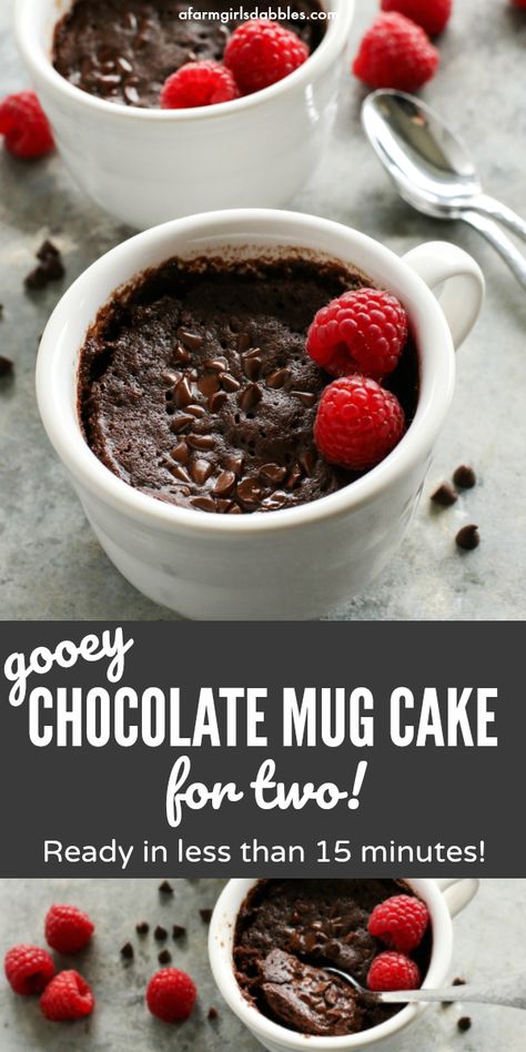 Gooey Chocolate Mug Cake for Two from afarmgirlsdabbles.com - This chocolate cake recipe is incredibly easy to make, with butter and no eggs. In less than 15 minutes, you'll have two crazy delicious servings of warm chocolate cake, ready to eat! #chocolate #cake #gooey #fudgy #recipe #easy #quick #fortwo #two #mug #cup Mug Cake Chocolate, Gooey Chocolate Mug Cake, Gooey Chocolate Cake, Cake For Two, Valentines Recipes Desserts, Chocolate Mug Cake, Cake Mug, Mug Cakes, Low Carb Cheesecake