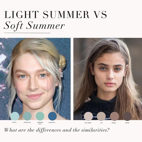 Light Summer VS Soft Summer as requested by you 🤍 . #coloranalysis #colouranalysis #softsummer #lightsummmer #coloranalyst #hunterschafer #taylorhill Light Summer Vs Soft Summer, Blond Hair For Soft Summer, Summer Soft, Created Colorful Soft Summer, Soft Summer Celebrities, Soft Summer Celebs, Cool Summer, Summer Light Personal Color, Light Summer Worst Colors