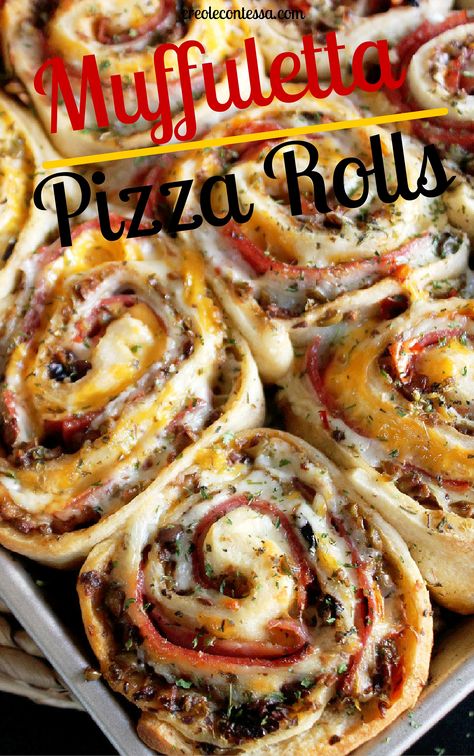 Muffuletta Pizza Rolls -Creole Contessa Muffuletta Pizza, Muffuletta Recipe, Pizza Roll, Pizza Rolls, Kebabs, Provolone, Appetizer Dips, Quick Snacks, Pizza Dough