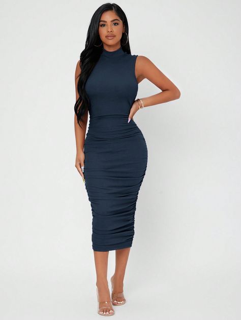 SHEIN PETITE Mock Neck Ruched Bodycon Dress | SHEIN USA Amaya Colon, Classy Dresses, New In Fashion, Ruched Bodycon Dress, Office Dresses, Todays Outfit, Black Bodycon Dress, Women Long Dresses, Online Fashion Stores