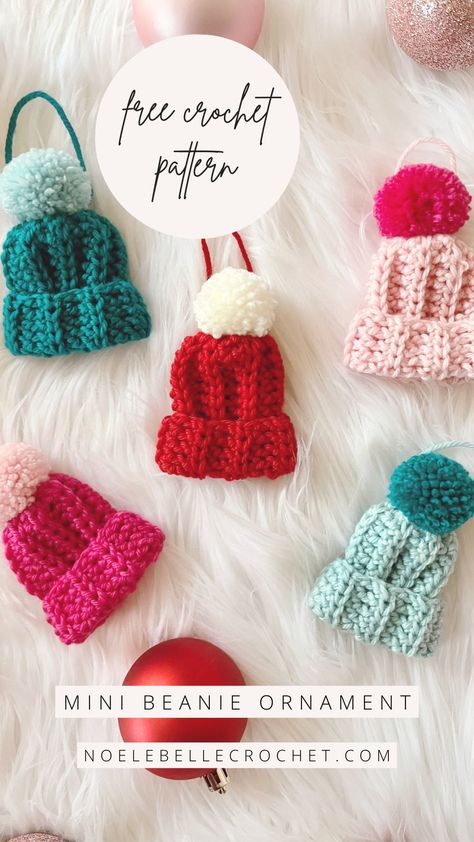 Mini Campfire Beanie Ornament - Free Christmas Crochet Pattern - Noelebelle Crochet Mini Beanie Crochet Pattern Free, Mini Crochet Hat Ornaments, Mini Crochet Beanie, Mini Hat Crochet Pattern, Crochet Hat Ornaments Free Pattern, Mini Hat Crochet Free Pattern, Mini Crochet Hat, Crochet Mini Hat, Crochet Favors