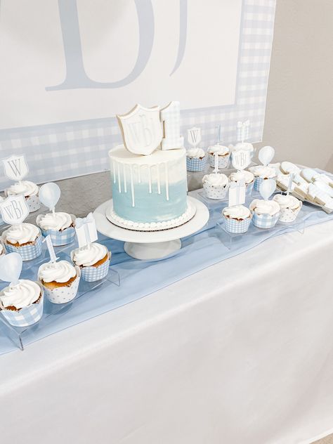 Gingham Birthday Cake, Gingham Party Decor, White 1st Birthday Party, Gingham Birthday Party, Birthday Cake 1st, Gingham Party, White Party Theme, Light Blue Gingham, Classy Baby Shower