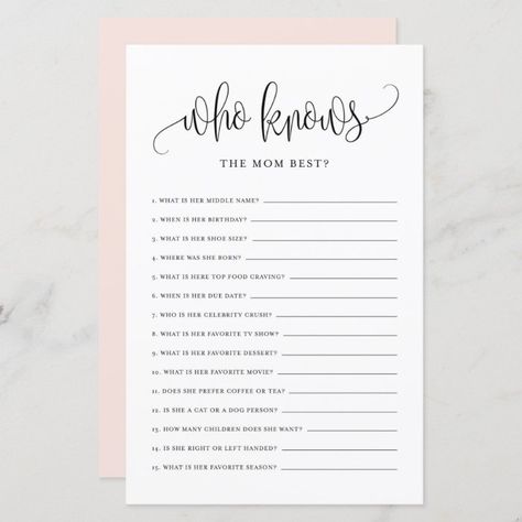 Black Script Who Knows Mom Best Baby Shower Game - Baby Shower Minimal Bridal Shower Games, Who Knows The Bride Best, Wedding Invitation Message, Baby Shower Games Unique, Classic Typography, Bridal Shower Activities, Baby Shower Game Cards, Business Invitation, Black Invitation