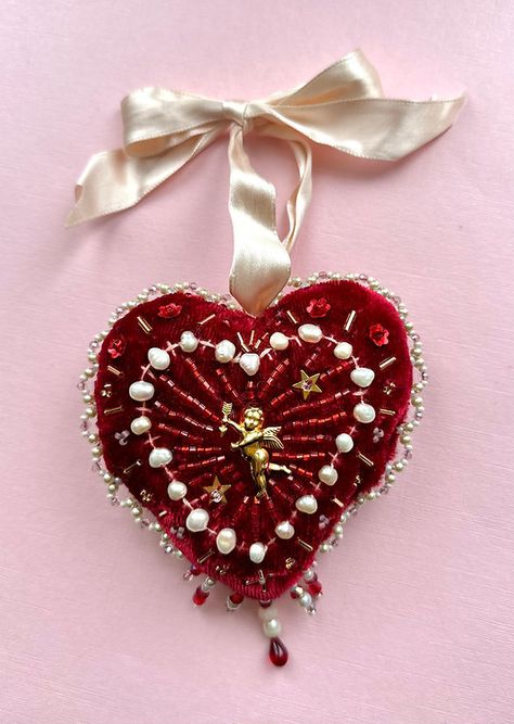 Shop | Millie Amber Millie Amber, Red Velvet Fabric, Deep Red Velvet, Ornament Garland, Embroidery Hearts, Pearl Embroidery, Beaded Heart, Red Pearl, Velvet Heart