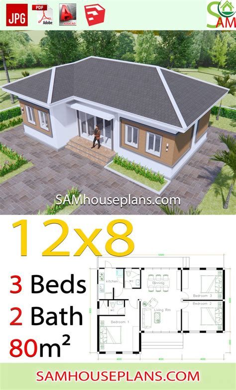 House Plans Idea X. 8 M With 4 Bedrooms - Sam House Plans Town House Plans, Gable Roof House, 8 House, Three Bedroom House Plan, 3d House Plans, Affordable House Plans, Roof House, House Roof Design, Building Plans House