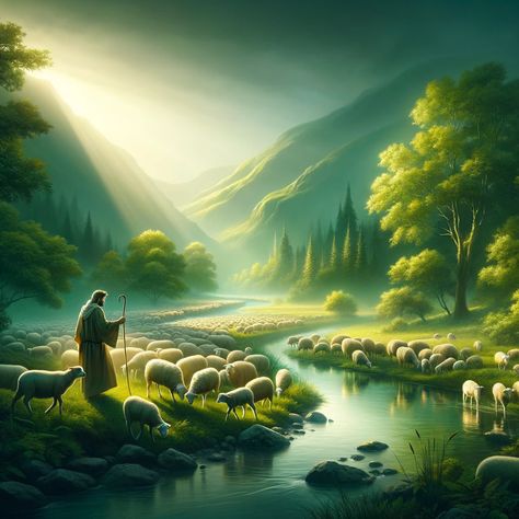 A serene landscape depicting green pastures and quiet waters, symbolizing spiritual nourishment and guidance. The scene includes a gentle shepherd, embodying God's care, tending to a flock of sheep in a peaceful, lush environment. The shepherd is guiding the sheep beside still waters, reflecting the themes of refreshment and direction. The atmosphere is calm and soothing, with a warm, radiant... Sheep In Pasture Painting, Verses About Growth, Bible Verses About Growth, God Is My Shepherd, Christ The Good Shepherd, Christian Soldiers, Bible Artwork, Flock Of Sheep, Beside Still Waters