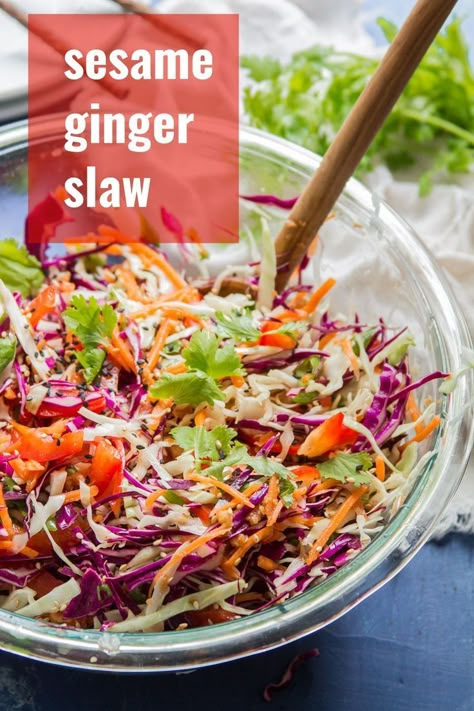 Ginger Slaw, Asian Slaw Recipe, Slaw Salad, Asian Coleslaw, Sesame Ginger Dressing, Asian Slaw, Sesame Ginger, Vegan Side Dishes, Slaw Recipes