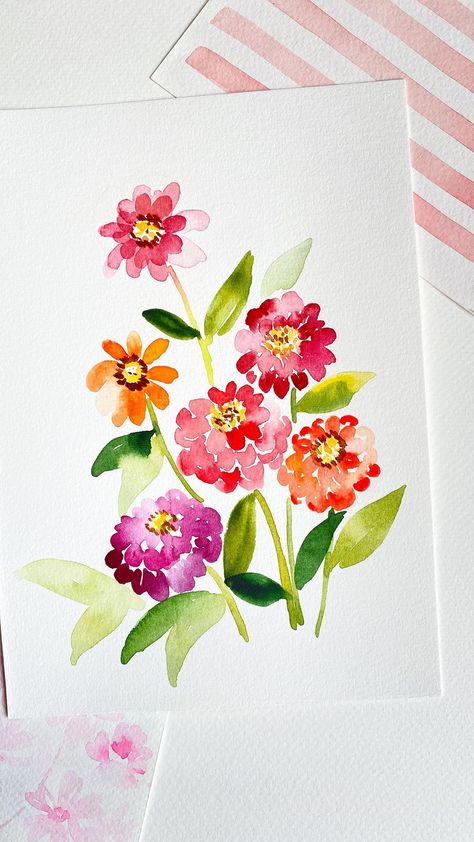 I’m still down with headache, still glued to my bed. But here’s a time lapse video of zinnias I’ve painted earlier ( found it when I was… | Instagram Watercolor Zinnias Tutorial, Watercolor Zinnias, Zinnia Watercolor, Zinnia Painting, Watercolor Holiday Cards, Loose Watercolor Flowers, Watercolor Holiday, Watercolor Art Landscape, Watercolor Birthday Cards