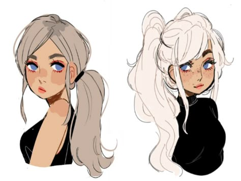 Girls with Ponytails drawing Cartoon Ponytail Drawing, How To Draw Ponytail Hair, Ponytail Hairstyle Drawing Reference, Ponytail Art Drawing, Drawing A Ponytail, Ponytail Hair Reference Drawing, Two Ponytails Drawing, Curly Ponytail Drawing Reference, Ponytail Hairstyles Reference Drawing