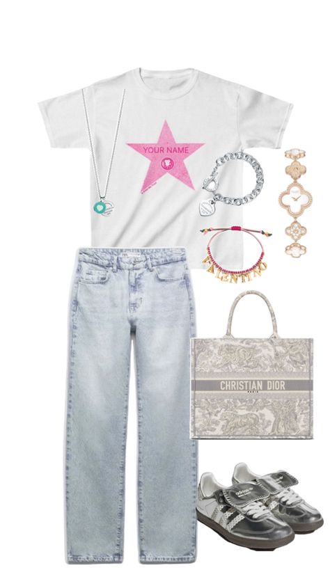 Outfit idea in print we trust pink star shirt custom shirt pants Stockholm style purse Christian Dior bag Tiffany and  co bracelet necklace Adidas shoes silver Watch Valentino bracelet van Cleeve Watch Valentino Bracelet, Christian Dior Bag, Tiffany And Co Bracelet, Tiffany Necklace, Shoes Silver, Stockholm Style, Pink Star, Stockholm Fashion, Pink Stars