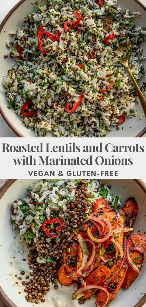 This bowl of roasted lentils and carrots are served with marinated onions and a smear of creamy garlic chive tahini sauce. Great to meal prep for meals through the week. Marinated Red Onions, Marinated Onions, Roasted Lentils, French Lentils, Bowl Ideas, Baked Tofu, Tahini Sauce, Lentil Recipes, Red Onions