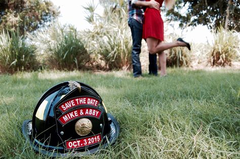 Firefighter save the date photo session Save The Date Firefighter, Firefighter Couple Pictures, Career Photography, Firefighter Wedding Photos, Firefighter Symbol, Firefighter Couple, Firefighter Engagement, Wedding Photography List, Engagements Pictures