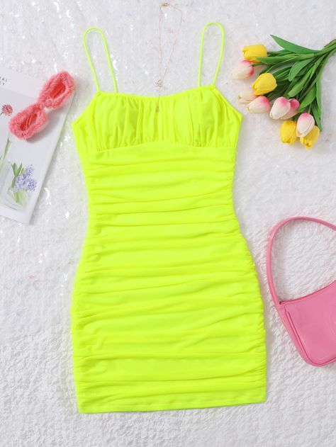 SHEIN EZwear Solid Ruched Mesh Bodycon DressI discovered amazing products on SHEIN.com, come check them out! Mesh Slip Dress, Mode Purple, Lime Green Dress, Vibrant Dress, Neon Dresses, Neon Outfits, Comfy Jumpsuits, Mesh Bodycon Dress, Slim Fit Dresses