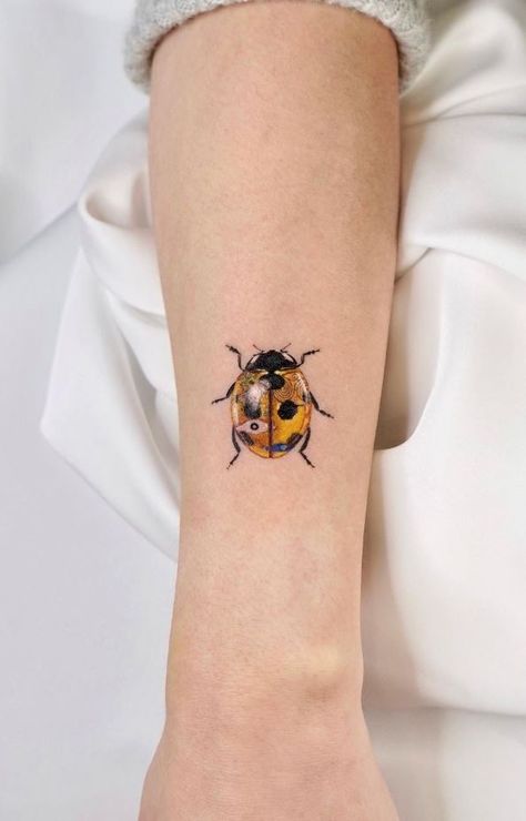 Golden Ladybug Tattoo Yellow Ladybug Tattoo, Ladybug Tattoo Ideas, Ladybird Tattoo, Yellow Tattoo, Ladybug Tattoo, Seashell Tattoos, Tato Minimal, Lady Bug Tattoo, Bug Tattoo