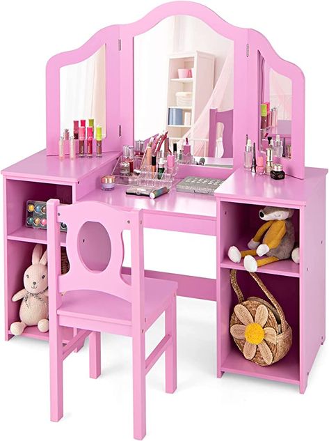 Toddler Vanity, Childrens Dresser, Kids Vanity Set, Wooden Dressing Table, Small Storage Shelves, Girls Dressing Table, Girls Vanity, Yoda Wallpaper, Princess Makeup