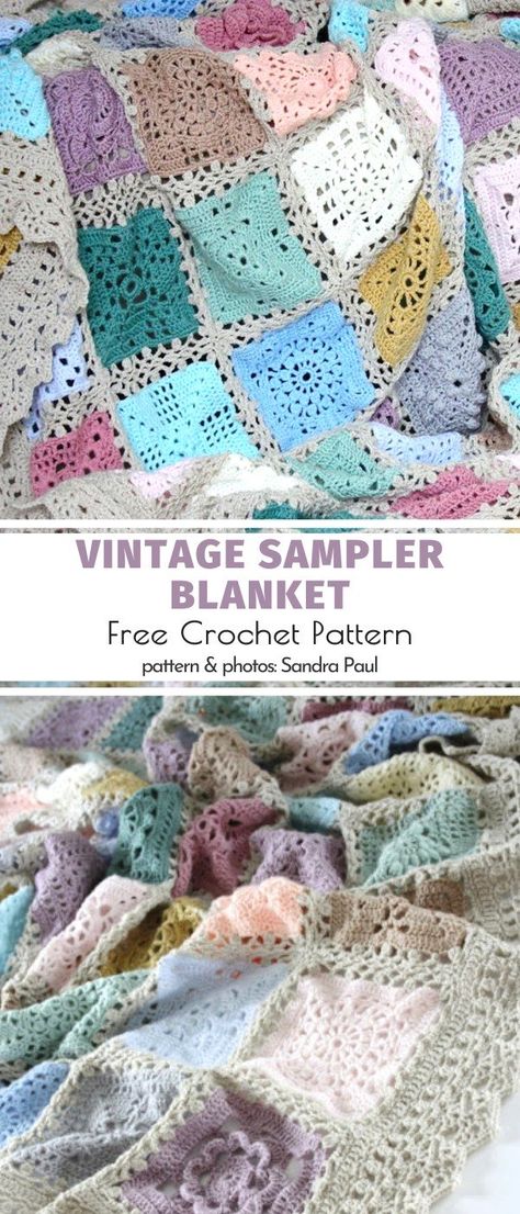 Crochet Sampler Afghan, Crochet Sampler Blanket, Vintage Samplers, Granny Square Crochet Patterns Free, Vintage Crochet Patterns, Crochet For Beginners Blanket, Crochet Granny Square Blanket, Crochet Quilt, Crochet Granny Square