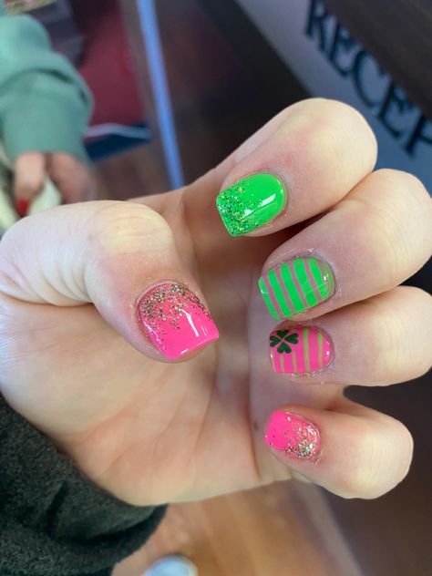 Pink And Green St Patricks Day Nails, Pink St Patricks Day Nails, Hot Pink And Green Nails, Saint Patrick Nails, Patty Day Nails, Saint Patrick Day Nails, St Patrick Nails, Patrick Day Nails, Patrick Nails