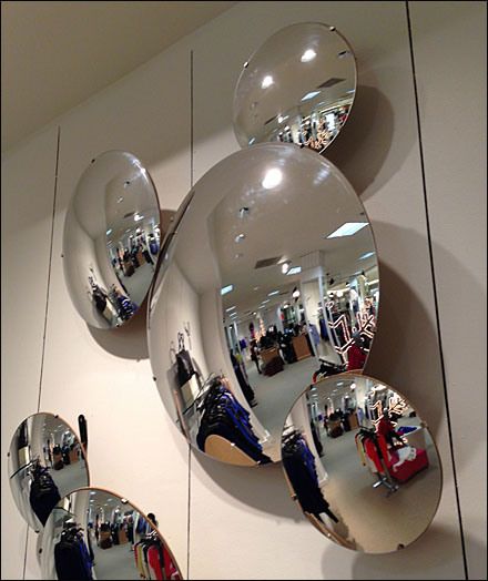 Convex Anti-Theft Mirrors or Reflective Wall Art? Convex Mirror Aesthetic, Reflective Decor, Wall Mirror Design Ideas, Mirror Design Ideas, Reflective Wall, Wall Mirror Design, Reflective Fashion, Antique Mirror Tiles, Funky Mirrors