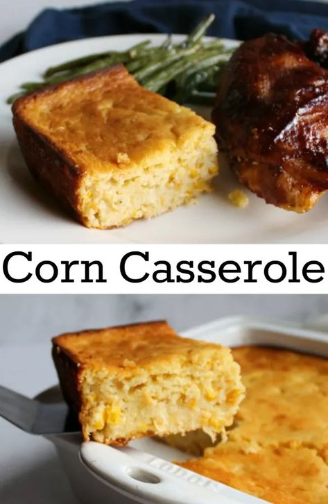 Soft and delicious corn casserole, also known as corn pudding, is a family friendly and filling side dish. Sides With Pork, Sides With Pork Chops, Corn Casserole Recipes, Corn Soufflé Recipe, Pasta Ham, Side Dish Salads, Corn Pudding Casserole, Sweet Corn Pudding, Corn Souffle