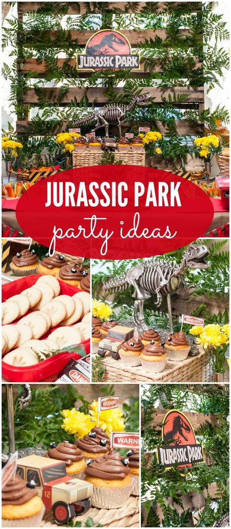 What an incredible Jurassic Park birthday party! See more party ideas at CatchMyParty.com Jurassic Park Cupcakes Ideas, Jurrasic World Birthday Party Ideas Diy, Jurassic Park Bachelorette Party, Jurassic Park Birthday Party Decorations, Jurassic Park Cupcakes, Jurrasic Park Birthday Party, Jurassic Park Party Ideas, Fête Jurassic Park, Jurassic World Birthday Party