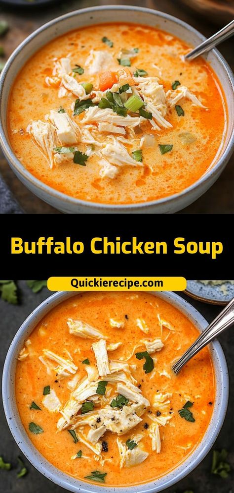 This Buffalo Chicken Soup is creamy, spicy, and packed with shredded chicken and bold buffalo flavors. A game-day favorite or a cozy dinner option! Ingredients: 1 lb shredded chicken 4 cups chicken broth 1/2 cup buffalo sauce 1 cup heavy cream A spicy, creamy soup for buffalo sauce lovers Buffalo Chicken Wing Soup Recipe, Chicken Wing Soup Buffalo, Buffalo Wing Soup Recipe, Chicken Soup Recipes When Sick, Buffalo Wing Soup, Soup Using Shredded Chicken, Creamy Buffalo Chicken Soup, Flavorful Chicken Soup, Buffalo Chicken Soup Recipes