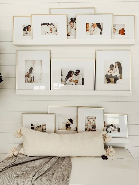 Cheap and Easy DIY Picture Ledge to fit any space in your home! A great way to make an interchangeable gallery wall!  #GalleryWall #DIY #Pictures #LizMarie Diy Picture Ledge, Photo Ledge, Modern Farmhouse Diy, Diy Gallery Wall, Picture Frame Crafts, Gallery Wall Layout, Family Photo Wall, Unique Gallery Wall, Photo Wall Gallery