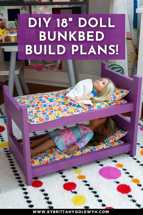 Wooden Doll Bed Diy, Diy Barbie Bunk Beds, Diy Dollhouse For 18in Dolls, Doll Bunk Beds Diy, American Girl Doll Furniture Diy, Diy American Girl Doll Stuff, Diy Baby Doll Bed, Diy Doll Bunk Bed, Diy Doll Bed