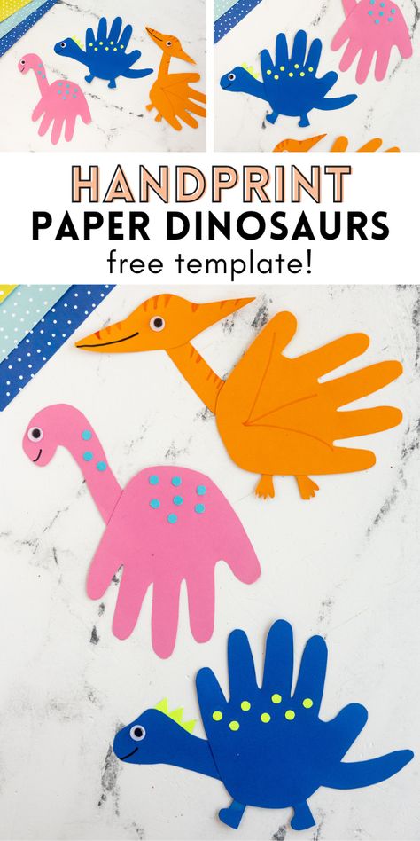 This Handprint Dinosaur Craft is a simple activity for kids of all ages! Grab some colorful paper, our free template and other basic craft supplies to create these friendly dinos! Diy Geometric Decor, Dinosaur Crafts Preschool, Dino Craft, Dinosaur Craft, Diy Osterschmuck, Home Decor Artwork, Dinosaur Cards, Dinosaur Activities, Dinosaur Crafts