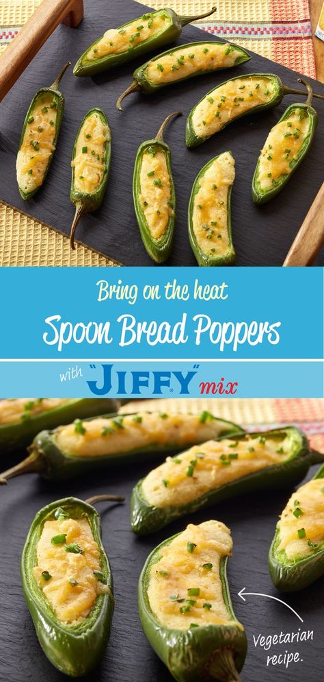 Spoon Bread Poppers made with “JIFFY” Corn Muffin Mix are a tasty bite of Spoon Bread stuffed in a jalapeño. It’s Spoon Bread that bites back. Jalapeno Spoon Bread, Spoon Bread Recipe Jiffy, Jalapeño Cornbread Poppers, Cornbread Jalapeno Poppers, Cornbread Stuffed Jalapenos, Jalapeno Cornbread Poppers, Spoon Bread Recipe, Corn Muffin, Jiffy Mix