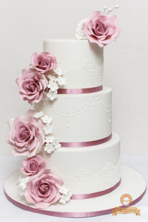 Old Rose Floral Wedding Cake - Cake by The Sweetery - by Diana Old Rose Wedding Motif, Edible Lace Wedding Cake, Old Rose Wedding, Pink Rose Wedding Cake, Wedding Cake Tutorial, Rose Wedding Cake, Rose Gold Wedding Cakes, Rose Gold Cake, Wedding Cake Design