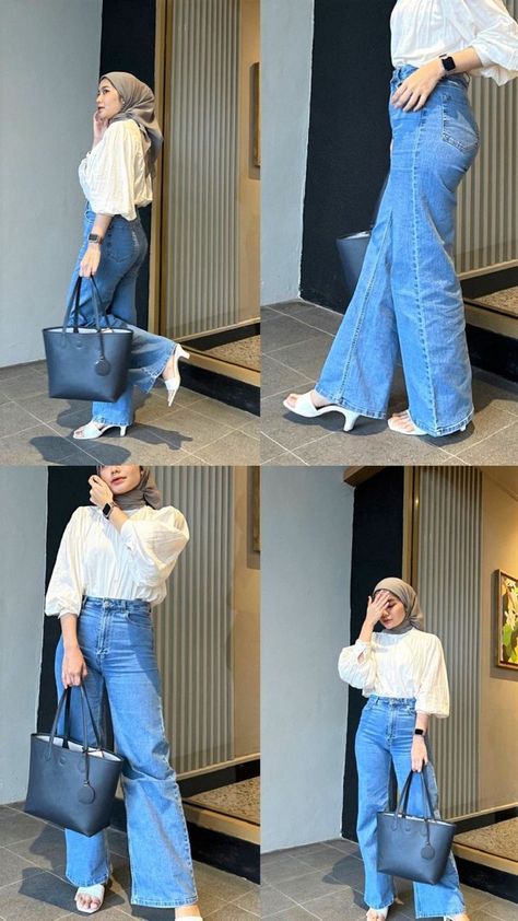 Outfit Jeans Biru, Outfit Jeans Hijab, Ootd Hijab Casual Jeans, Jeans Outfit Hijab, Hijab Office, Foto Ootd, Fit Selfie, Mix And Match Outfits Hijab, Ruangan Studio