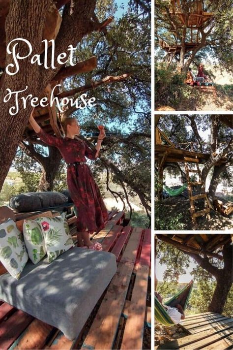 Pallet Tree House Diy, Pallet Tree Houses, Pallet Kids, Pallet Tree, Pallet Playhouse, Glamping Ideas, Pallet Shed, Tree Fort, Free Pallets