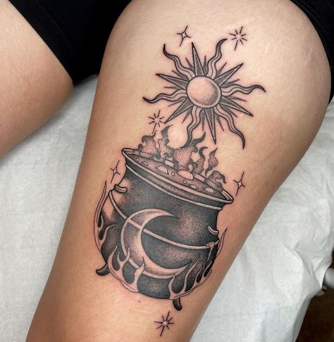 Witchy Cauldron Tattoo, Cauldron Tattoos, Cauldron Tattoo, Witchy Sleeve, Witchcraft Tattoo, Skin Artwork, Raven Tattoos, Magic Cauldron, Witchy Tattoos