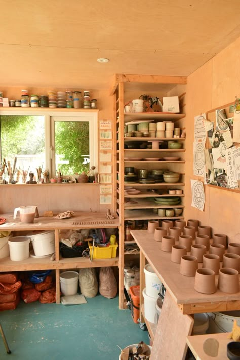 Busy pottery studio, wheel thrown mugs, ready to handle Ceramic Home Studio, Pottery Studio Shelving, Backyard Pottery Studio, Outdoor Pottery Studio, Pottery Studio Shed, Home Pottery Studio Setup, Pottery Room Ideas, Pottery Room Ideas Design Studios, At Home Pottery Studio