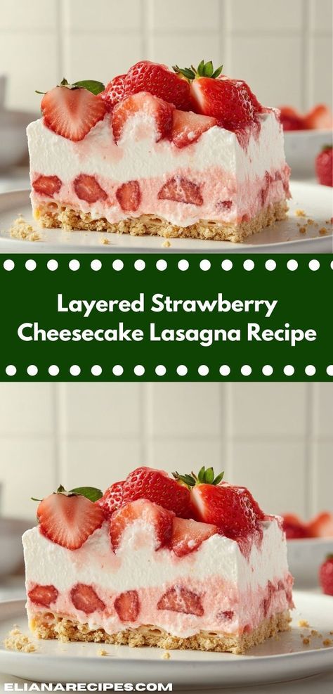 "Looking for a delightful dessert? This Layered Strawberry Cheesecake Lasagna is a sweet treat that combines creamy cheesecake with fresh strawberries, making it an irresistible choice for family gatherings or special occasions. Strawberry Cheesecake Lasagna, Cheesecake Lasagna, Strawberry Lasagna, Unique Recipes Desserts, Graham Cracker Crust Recipe, Unique Desserts, Fruity Desserts, Creamy Desserts, Dessert Lover