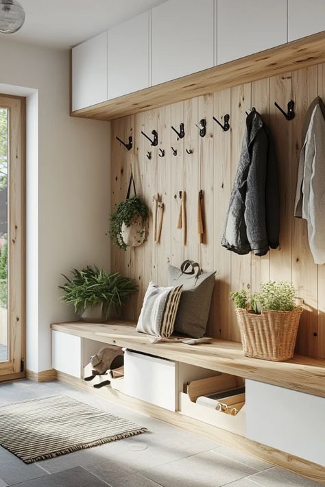 A stylish and organized entrance showcasing innovative mudroom ideas. The image highlights practical storage and decorative elements for a functional and attractive entrance. Clever Hallway Storage, Hallway Entrance Storage, Midcentury Modern Mudroom Entryway, Drop Space Ideas, Scandinavian Mudroom Entrance, Mudroom Hook Wall, Wall Cubby Decor Built Ins, Drop Area Entryway, Earthy Mudroom