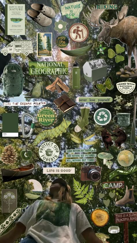 #granolagirl #nature #outdoors #green #vibes another outdoorsy one!! Boutique Wallpaper, Summer Camp Aesthetic, Adventure Core, Green Vibes, Wildlife Biologist, Nature Collage, Camping Aesthetic, Adventure Aesthetic, Nature Hikes