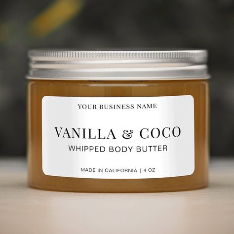 Elevate your brand packaging design with this minimalist black and white body butter product label design, featuring serif fonts and modern layout. This fully editable jar label is great for any type of product. Whether it's a sugar scrub, whipped body butter or soap, this cosmetics label (2.375" L x 1.25" H) can suit most cosmetic jar, but please verify your packaging size to ensure a good fit. You can edit all text and colors to create fully personalized labels for your brand. Lotion Jar Packaging, Body Butter Packaging, Body Scrub Labels, Body Yogurt, Butter Packaging, Soap Labels Template, Body Butter Labels, Product Label Design, Brand Packaging Design