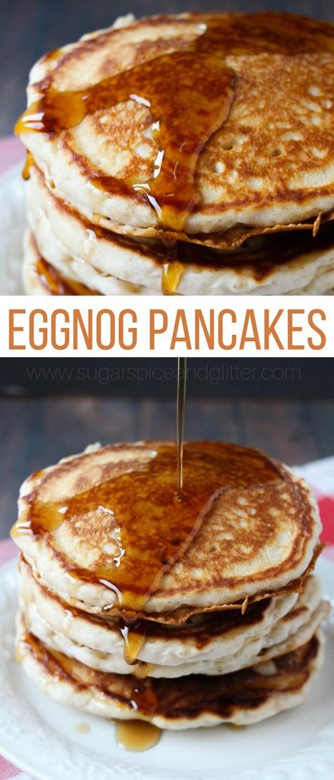 The perfect quick & easy winter breakfast, these eggnog pancakes come together in less than 10 minutes and are worth every last drop of maple syrup Eggnog Pancakes Easy, Eggnog Pancakes Recipe, Eggnog Pancakes, Classic Eggnog, Christmas Pancakes, Eggnog Latte, Easy Eggnog, Winter Breakfast, Best Pancake Recipe