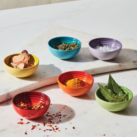 Sauces And Dips, Le Creuset Set, Enameled Cast Iron Cookware, Pinch Bowls, Le Creuset Stoneware, Homemade Seasonings, Individual Servings, Pinch Pots, Spices And Herbs