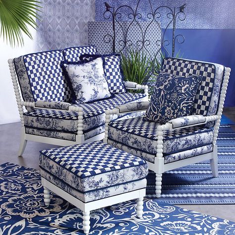 Mackenzie Childs Indigo Villa Outdoor Ottoman with Cushion | Perigold Blue And White Living Room, Blue White Decor, Outdoor Loveseat, Outdoor Sofa Sets, Sunbrella Cushions, White Living, White Living Room, Mackenzie Childs, White Decor