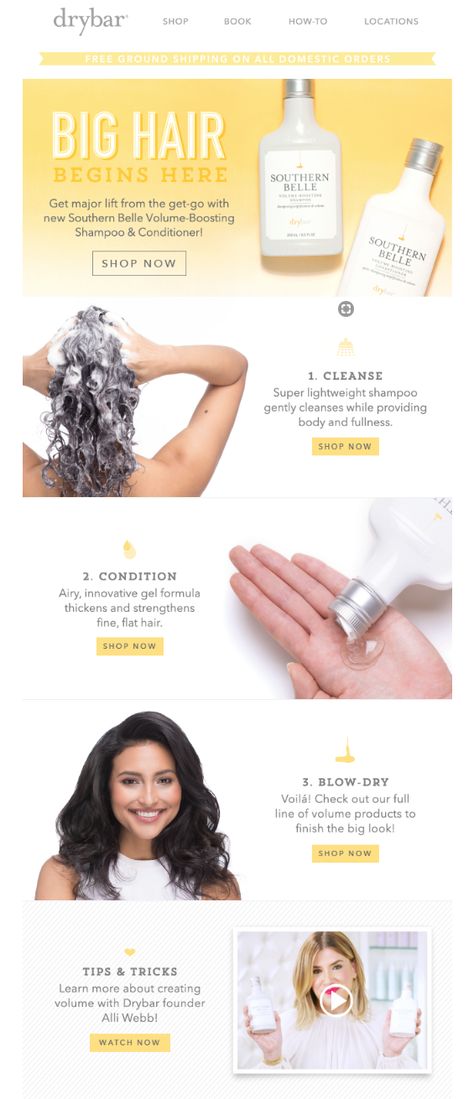 drybar. nice layout. hair care steps. Hair Care Website Design, Hair Email Design, Skin Care Email Design, Email Design Inspiration Creative Layout, Hair Newsletter, Hair Care Steps, Email Marketing Design Layout, Emailer Design, Newsletter Design Layout